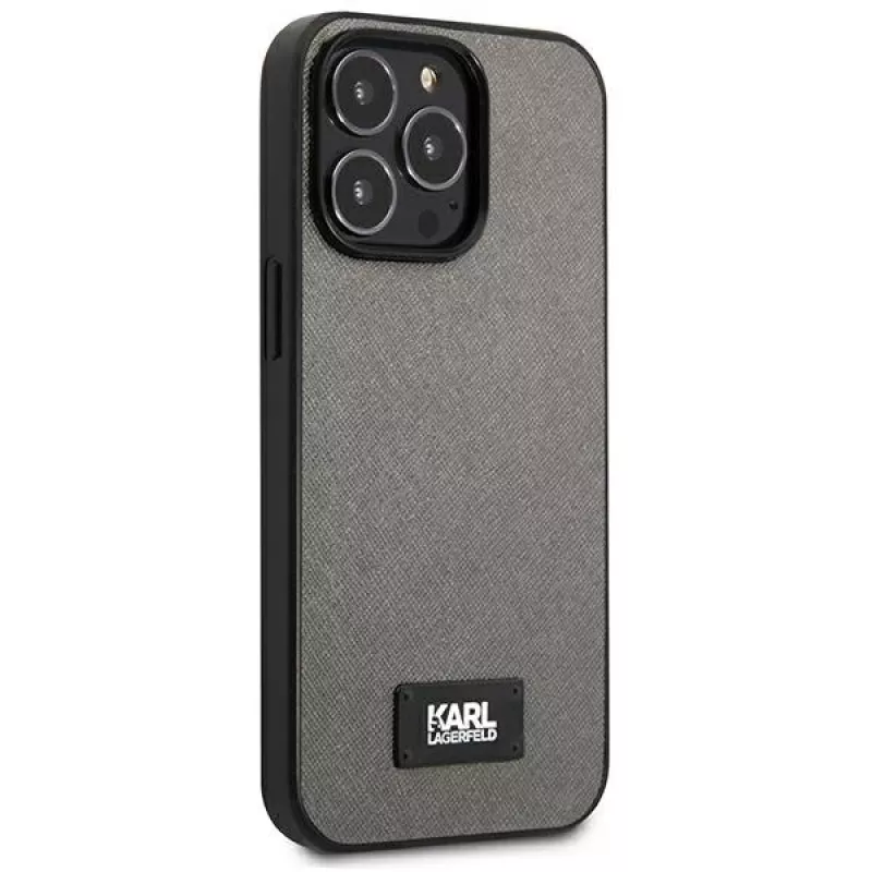 Karl Lagerfeld KLHCP13LSFMP2DG Saffiano Plaque Hard Case, skirta iPhone 13 Pro / 13 6,1 inch - sidabrinė