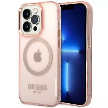 „Guess Gold Outline Translucent“ „MagSafe“ dėklas, skirtas „iPhone 14 Pro Max“ 6,7 inch (rožinis, kietas dėklas)