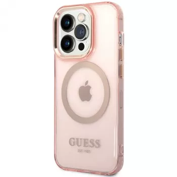 „Guess Gold Outline Translucent“ „MagSafe“ dėklas, skirtas „iPhone 14 Pro Max“ 6,7 inch (rožinis, kietas dėklas)