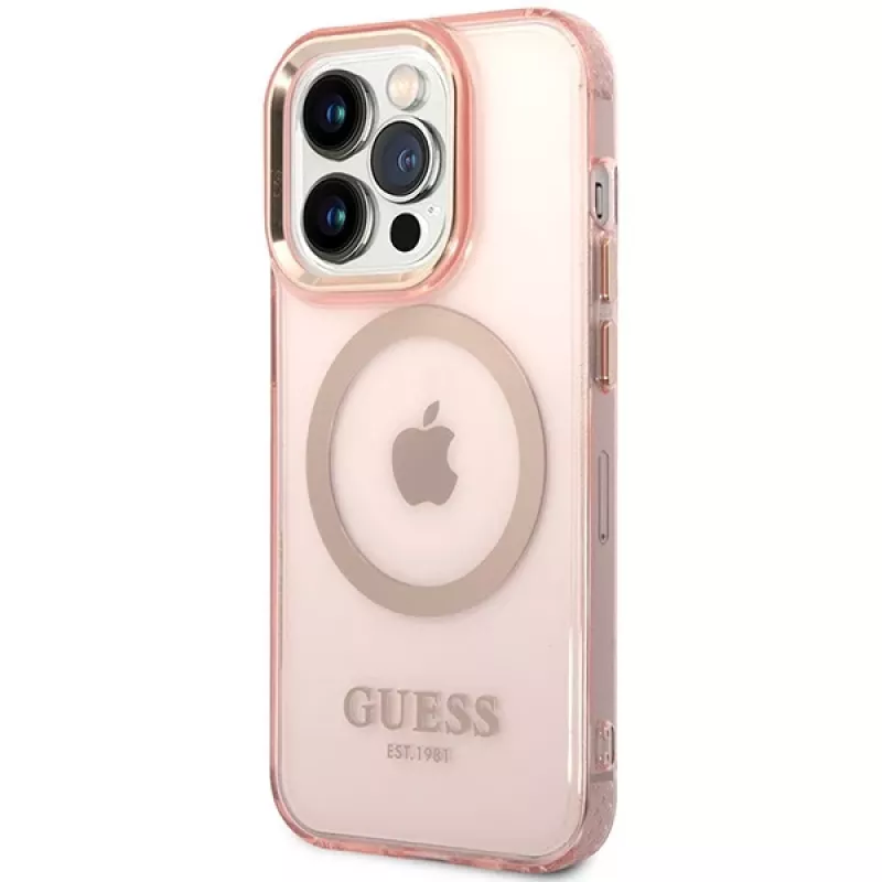 „Guess Gold Outline Translucent“ „MagSafe“ dėklas, skirtas „iPhone 14 Pro Max“ 6,7 inch (rožinis, kietas dėklas)