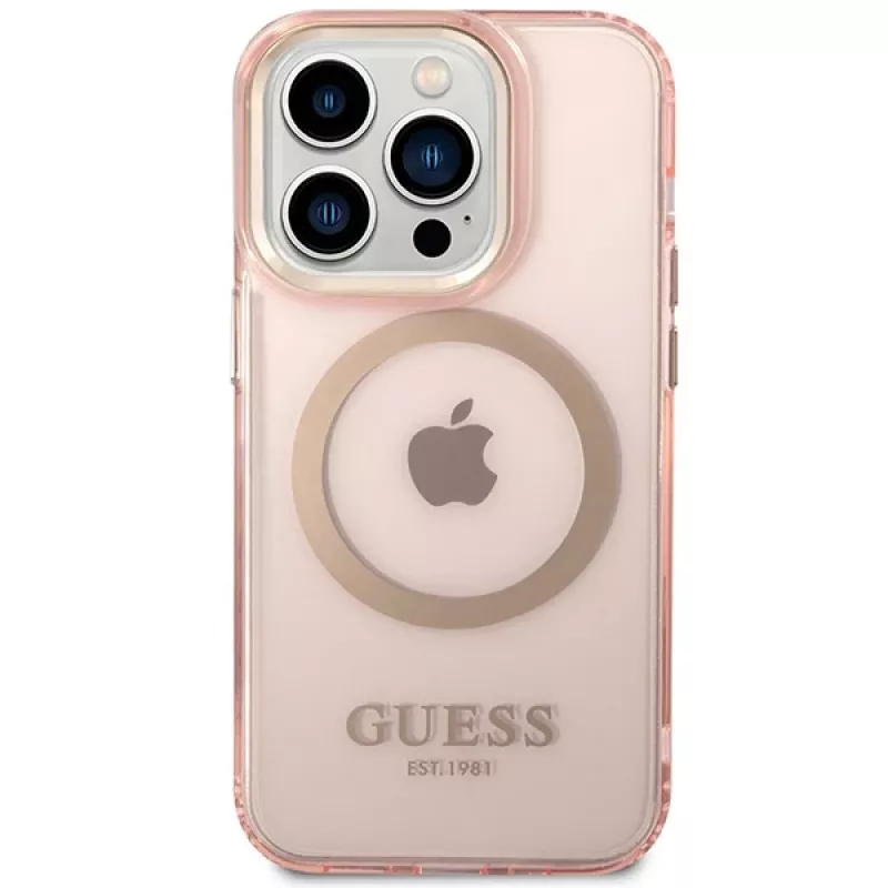 „Guess Gold Outline Translucent“ „MagSafe“ dėklas, skirtas „iPhone 14 Pro Max“ 6,7 inch (rožinis, kietas dėklas)