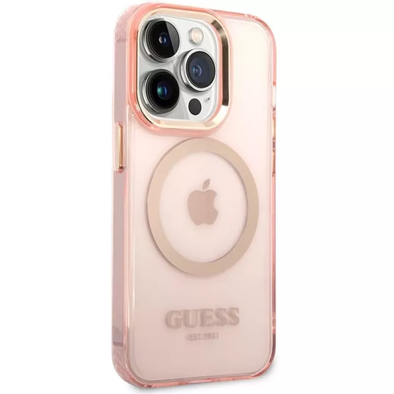 „Guess Gold Outline Translucent“ „MagSafe“ dėklas, skirtas „iPhone 14 Pro Max“ 6,7 inch (rožinis, kietas dėklas)