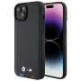 BMW M Collection Leather Stamp Back Cover, skirta iPhone 15 Plus / 14 Plus 6,7 inch - Black Tricolor