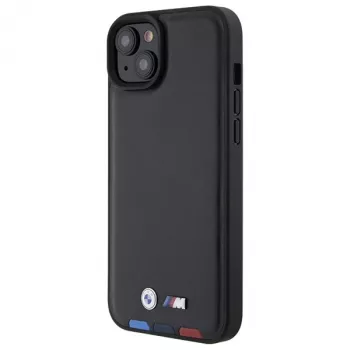 BMW M Collection Leather Stamp Back Cover, skirta iPhone 15 Plus / 14 Plus 6,7 inch - Black Tricolor
