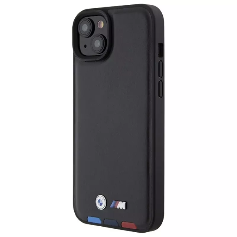 BMW M Collection Leather Stamp Back Cover, skirta iPhone 15 Plus / 14 Plus 6,7 inch - Black Tricolor
