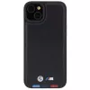 BMW M Collection Leather Stamp Back Cover, skirta iPhone 15 Plus / 14 Plus 6,7 inch - Black Tricolor