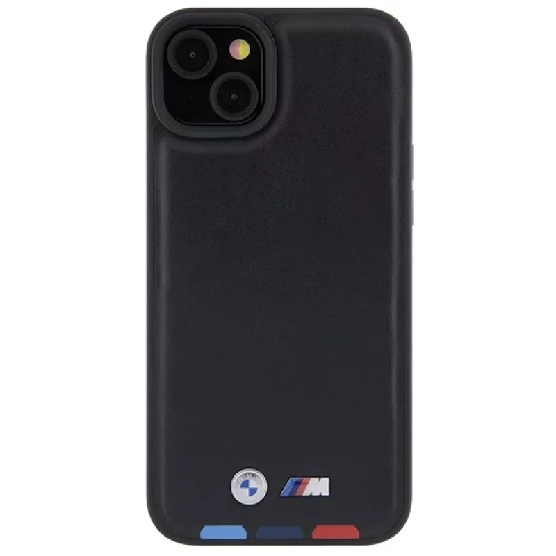 BMW M Collection Leather Stamp Back Cover, skirta iPhone 15 Plus / 14 Plus 6,7 inch - Black Tricolor