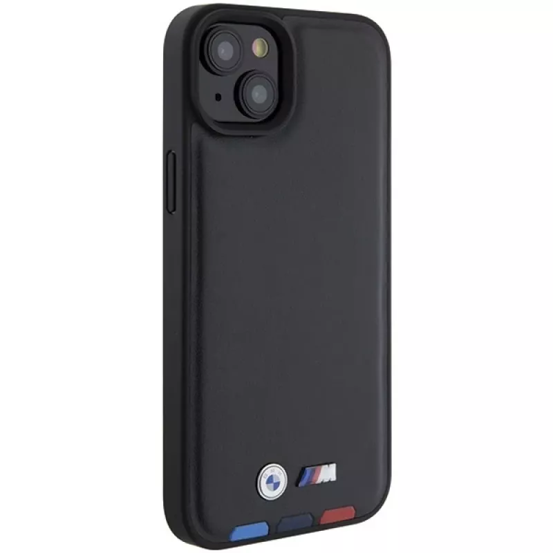 BMW M Collection Leather Stamp Back Cover, skirta iPhone 15 Plus / 14 Plus 6,7 inch - Black Tricolor