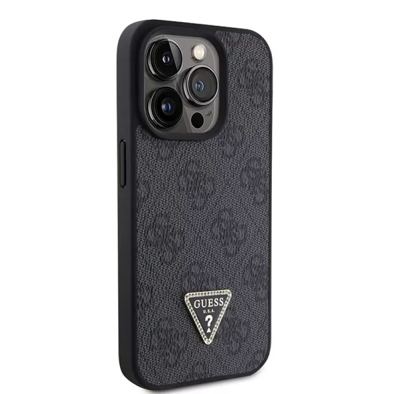 GUESS PU 4G Strass Triangle Metal Case + Strap, skirta iPhone 15 Pro, juoda