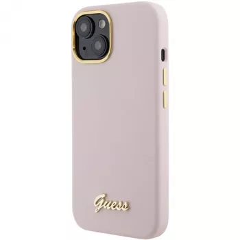 Guess GUHCP15SSMBSLP Silicone Script Metal Logo & Frame Hard Case, skirta Apple iPhone 15 / 14 / 13 6,1 inch - rožinė