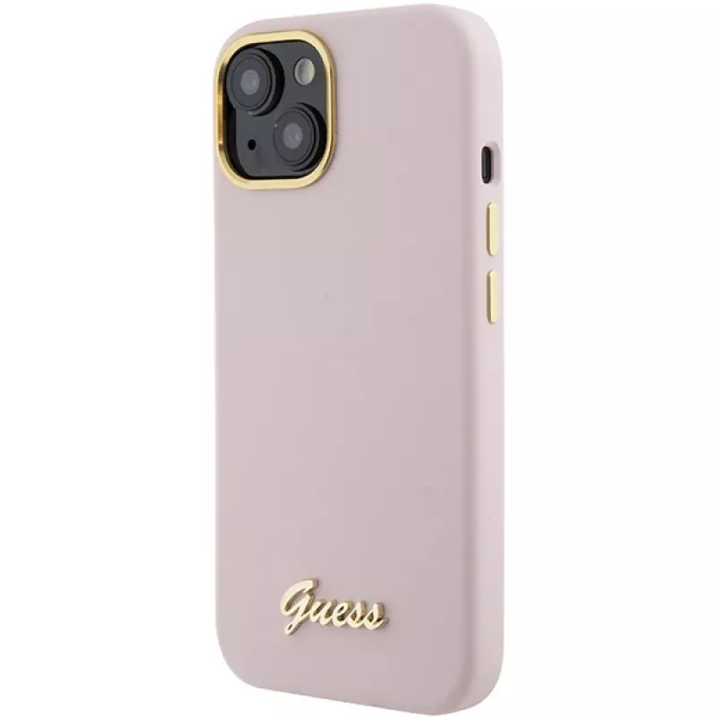 Guess GUHCP15SSMBSLP Silicone Script Metal Logo & Frame Hard Case, skirta Apple iPhone 15 / 14 / 13 6,1 inch - rožinė