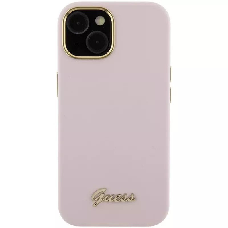 Guess GUHCP15SSMBSLP Silicone Script Metal Logo & Frame Hard Case, skirta Apple iPhone 15 / 14 / 13 6,1 inch - rožinė