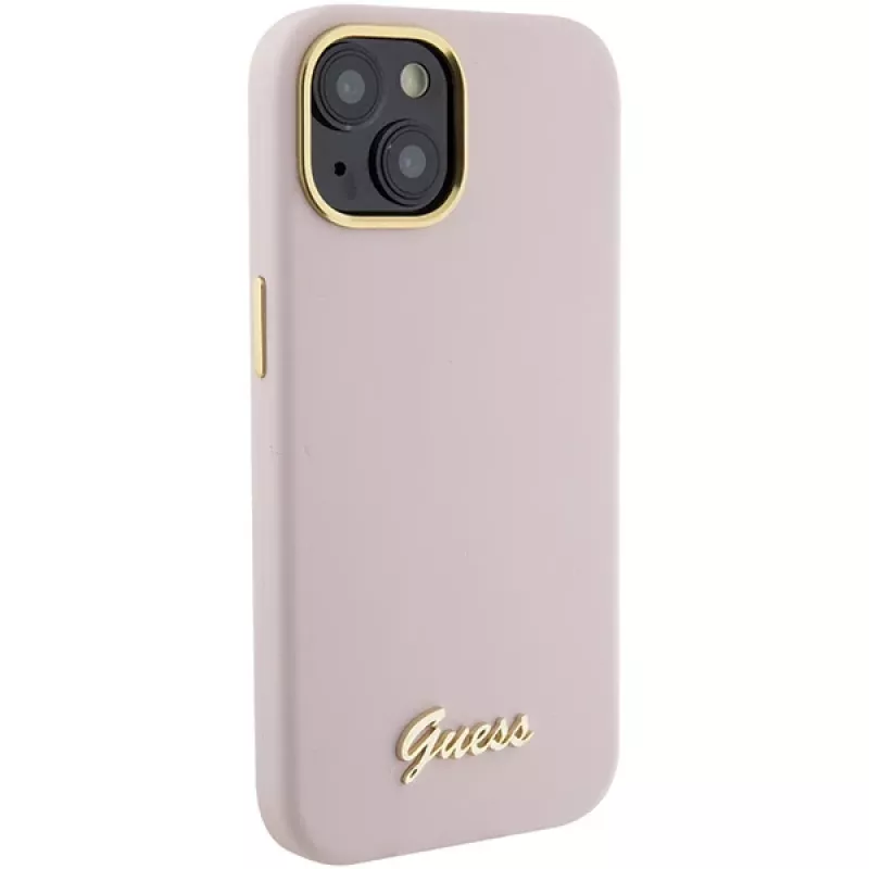 Guess GUHCP15SSMBSLP Silicone Script Metal Logo & Frame Hard Case, skirta Apple iPhone 15 / 14 / 13 6,1 inch - rožinė