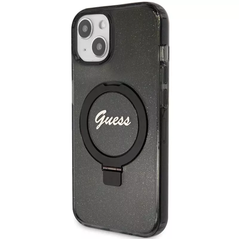Guess GUHMP14SHRSGSK iPhone 14 / 15 / 13 6,1 inch Black Hardcase Ring Stand Script Glitter MagSafe