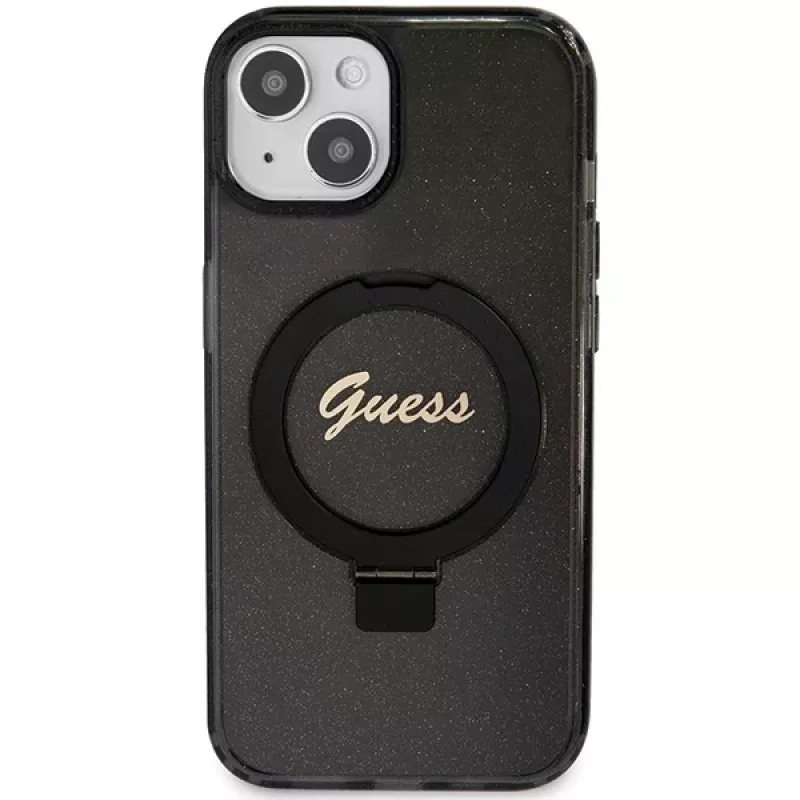 Guess GUHMP14SHRSGSK iPhone 14 / 15 / 13 6,1 inch Black Hardcase Ring Stand Script Glitter MagSafe
