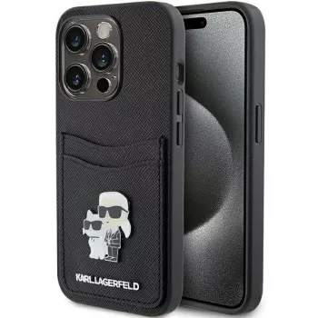 Karl Lagerfeld KLHCP15LSAPKCNPK iPhone 15 Pro 6.1 Black Hardcase Saffiano Cardslot Karl & Choupette Metal Pin