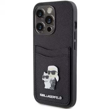 Karl Lagerfeld KLHCP15LSAPKCNPK iPhone 15 Pro 6.1 Black Hardcase Saffiano Cardslot Karl & Choupette Metal Pin