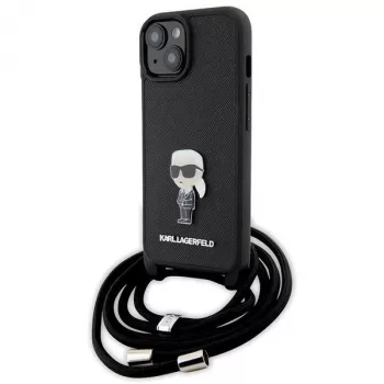 Karl Lagerfeld KLHCP15SSASKNPSK iPhone 15/14/13 6,1 inch Hard Case Black Crossbody Saffiano Monogram Metal Pin Karl & Choupette