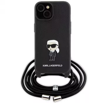 Karl Lagerfeld KLHCP15SSASKNPSK iPhone 15/14/13 6,1 inch Hard Case Black Crossbody Saffiano Monogram Metal Pin Karl & Choupette