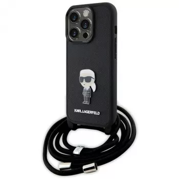 Karl Lagerfeld KLHCP15LSASKNPSK iPhone 15 Pro 6.1 Hardcase Black Crossbody Saffiano Monogram Metal Pin Karl & Choupette