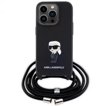 Karl Lagerfeld KLHCP15LSASKNPSK iPhone 15 Pro 6.1 Hardcase Black Crossbody Saffiano Monogram Metal Pin Karl & Choupette