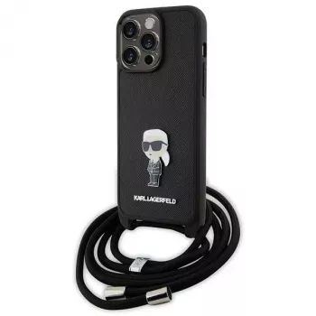 Karl Lagerfeld KLHCP15XSASKNPSK Kietas Dėklas, Skirtas iPhone 15 Pro Max 6,7 inch, Juodas, Crossbody, Saffiano Monogram, Metalinis Smeigtukas Karl & Choupette