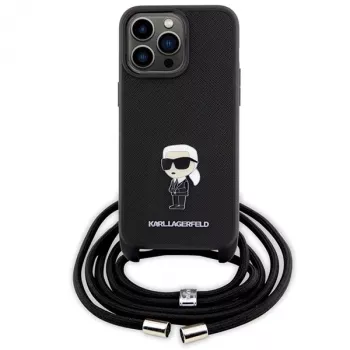 Karl Lagerfeld KLHCP15XSASKNPSK Kietas Dėklas, Skirtas iPhone 15 Pro Max 6,7 inch, Juodas, Crossbody, Saffiano Monogram, Metalinis Smeigtukas Karl & Choupette
