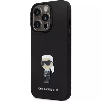 Karl Lagerfeld KLHCP14XSMHKNPK Silicone Ikonik Metal Pin Back Cover, skirta Apple iPhone 14 Pro Max 6.7, juoda