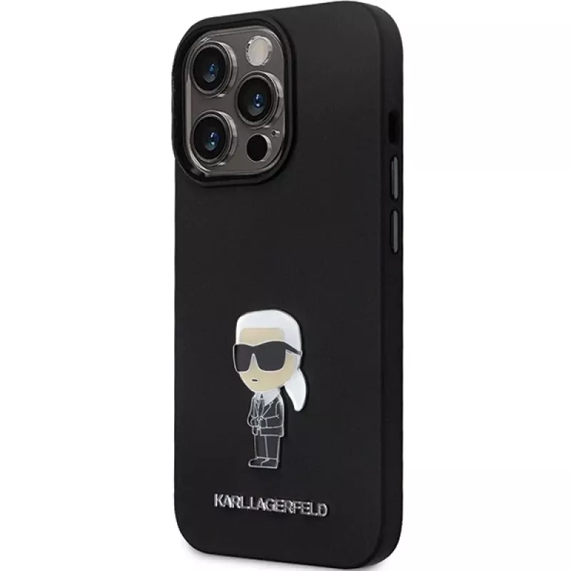 Karl Lagerfeld KLHCP14XSMHKNPK Silicone Ikonik Metal Pin Back Cover, skirta Apple iPhone 14 Pro Max 6.7, juoda