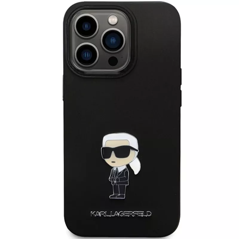 Karl Lagerfeld KLHCP14XSMHKNPK Silicone Ikonik Metal Pin Back Cover, skirta Apple iPhone 14 Pro Max 6.7, juoda