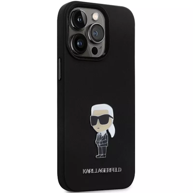 Karl Lagerfeld KLHCP14XSMHKNPK Silicone Ikonik Metal Pin Back Cover, skirta Apple iPhone 14 Pro Max 6.7, juoda