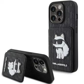 Karl Lagerfeld KLHCP15LSAKCNSCK iPhone 15 Pro 6,1 inch Black Hardcase Saffiano Cardslots and Stand Monogram Choupette