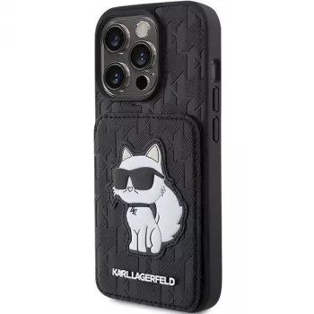 Karl Lagerfeld KLHCP15LSAKCNSCK iPhone 15 Pro 6,1 inch Black Hardcase Saffiano Cardslots and Stand Monogram Choupette