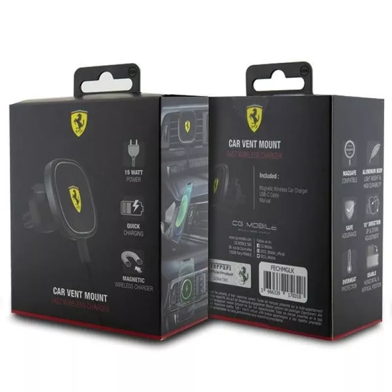 Ferrari 15W belaidis indukcinis automobilinis laikiklis FECHMGLK, ventiliacijos grotelėms, juodas, MagSafe