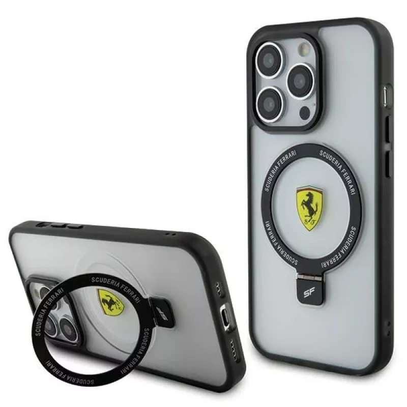 Ferrari FEHMP15LUSCAH iPhone 15 Pro 6,1 inch permatomas kietas dėklas su žiediniu stovu, suderinamas su MagSafe, 2023 kolekcija