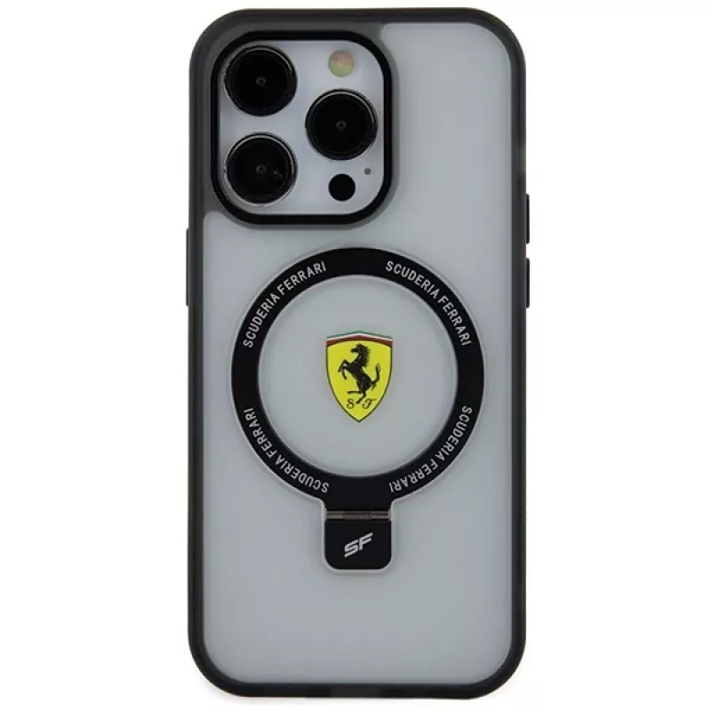 Ferrari FEHMP15LUSCAH iPhone 15 Pro 6,1 inch permatomas kietas dėklas su žiediniu stovu, suderinamas su MagSafe, 2023 kolekcija