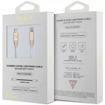 Guess GUCLLALRGDD USB-C – Lightning kabelis 1,5 m, greitas įkrovimas, šviesiai auksinis, reljefinis logotipas