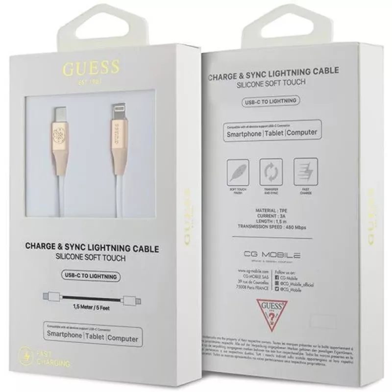 Guess GUCLLALRGDD USB-C – Lightning kabelis 1,5 m, greitas įkrovimas, šviesiai auksinis, reljefinis logotipas