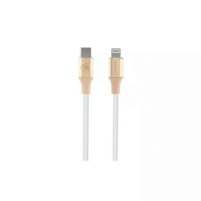 Guess GUCLLALRGDD USB-C – Lightning kabelis 1,5 m, greitas įkrovimas, šviesiai auksinis, reljefinis logotipas