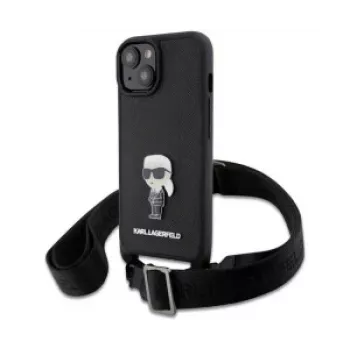 Karl Lagerfeld Saffiano Case Metal Ikonik dėklas, skirtas iPhone 15, juodas