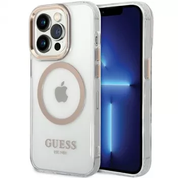 Guess GUHMP15XHTRMD Metal Outline Hard Case, skirtas Apple iPhone 15 Pro Max, auksinė, suderinama su MagSafe