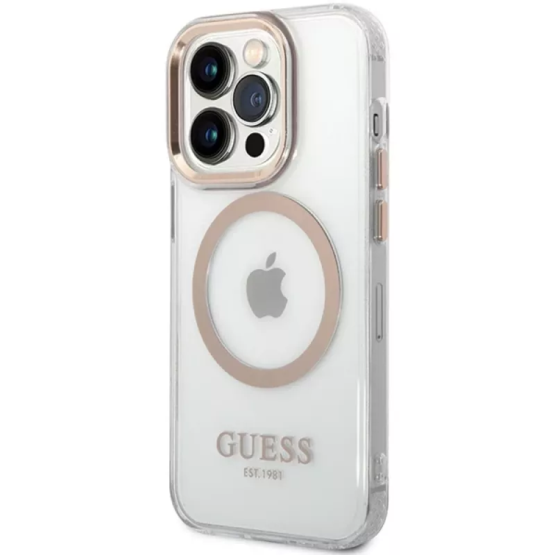 Guess GUHMP15XHTRMD Metal Outline Hard Case, skirtas Apple iPhone 15 Pro Max, auksinė, suderinama su MagSafe