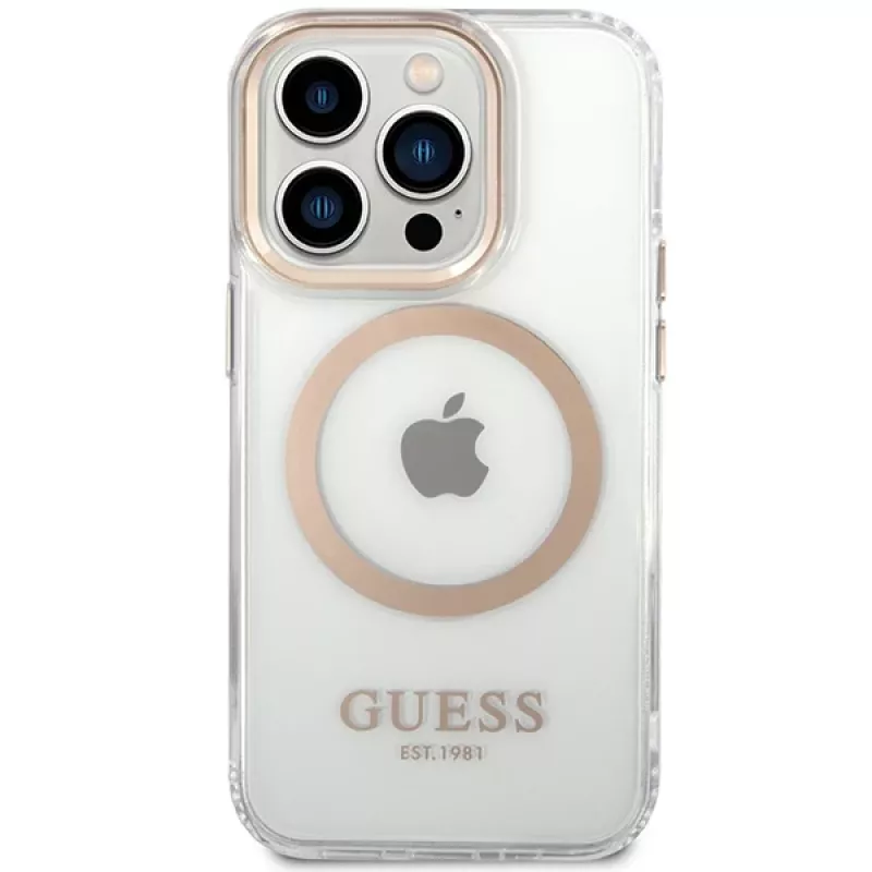 Guess GUHMP15XHTRMD Metal Outline Hard Case, skirtas Apple iPhone 15 Pro Max, auksinė, suderinama su MagSafe