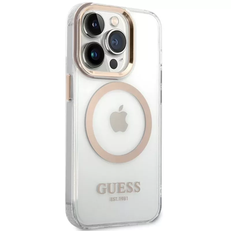 Guess GUHMP15XHTRMD Metal Outline Hard Case, skirtas Apple iPhone 15 Pro Max, auksinė, suderinama su MagSafe