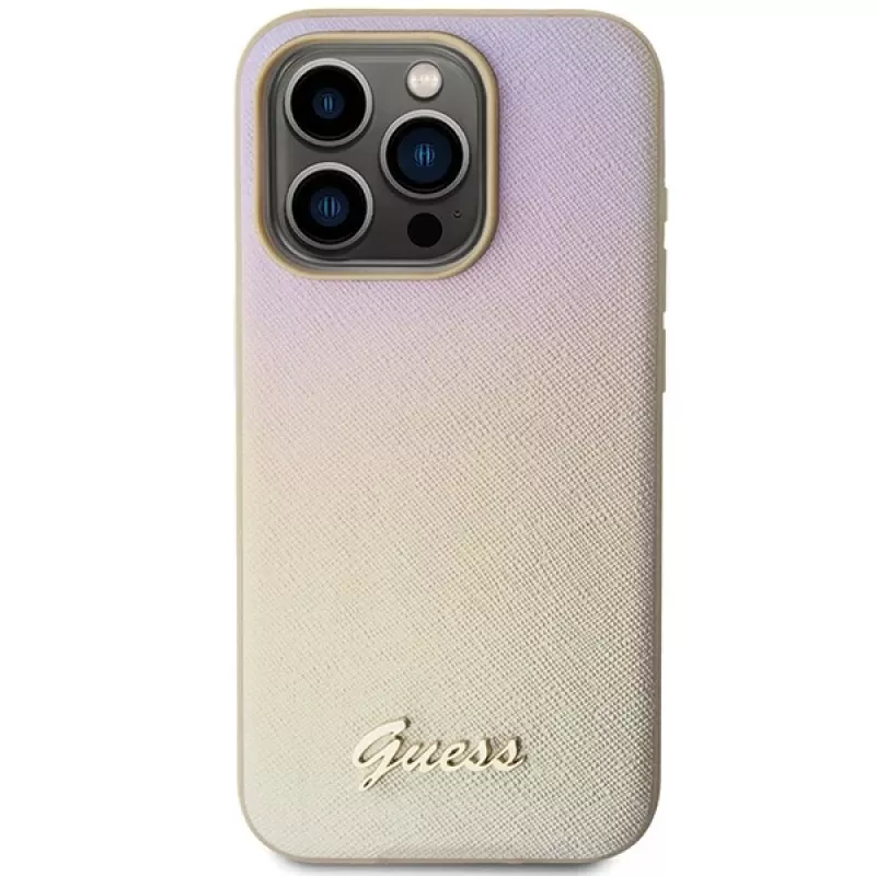 Guess GUHCP14LPSAIRSD iPhone 14 Pro 6,1 inch Gold Hard Case Saffiano Iridescent Script