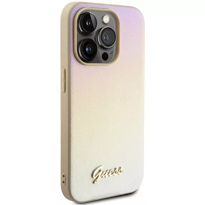 Guess GUHCP14LPSAIRSD iPhone 14 Pro 6,1 inch Gold Hard Case Saffiano Iridescent Script