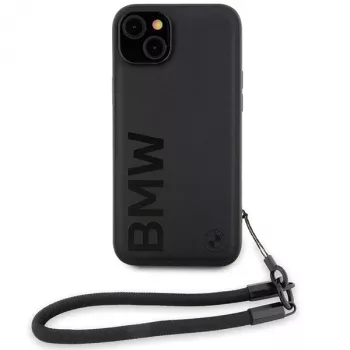BMW Signature Leather Wordmark Cord Hard Case, skirta iPhone 15 Plus / 14 Plus 6,7 inch - Juoda