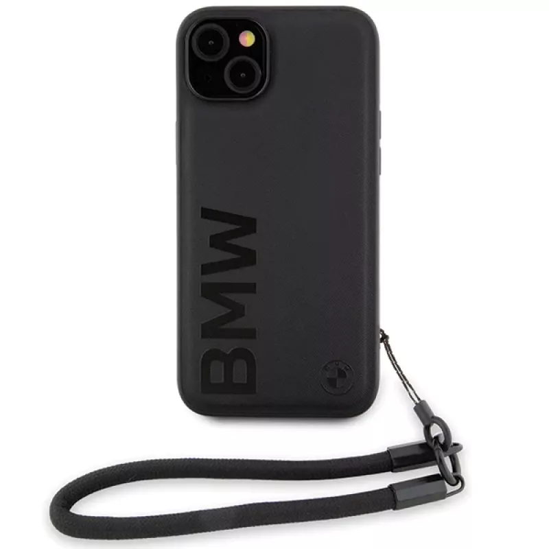 BMW Signature Leather Wordmark Cord Hard Case, skirta iPhone 15 Plus / 14 Plus 6,7 inch - Juoda