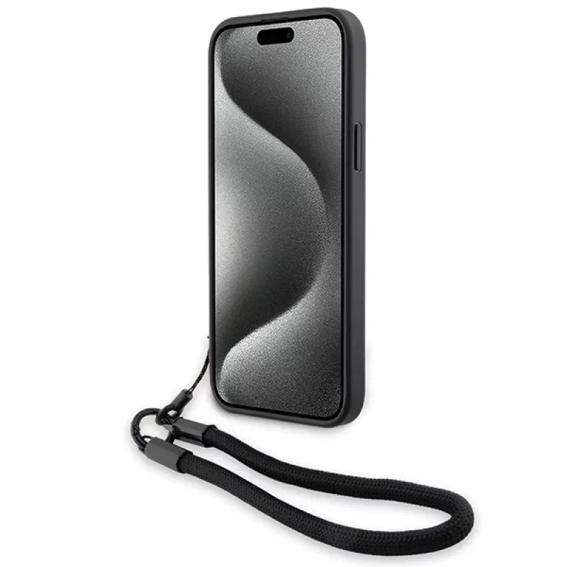 BMW Signature Leather Wordmark Cord Hard Case, skirta iPhone 15 Plus / 14 Plus 6,7 inch - Juoda