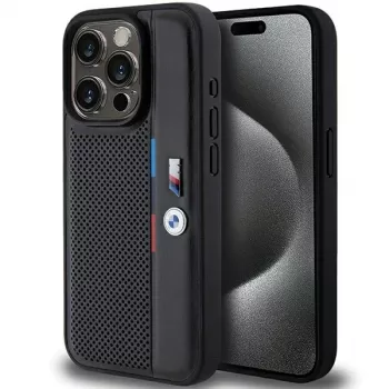 BMW Perforated Tricolor Line Hard Case, skirta Apple iPhone 15 Pro 6.1, juoda